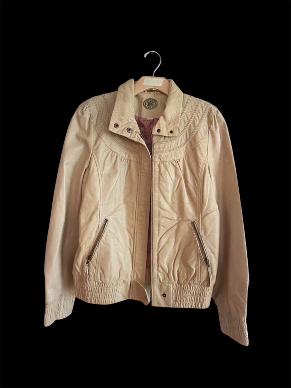 Light Beige Women's Faux Leather Bomber Jacket